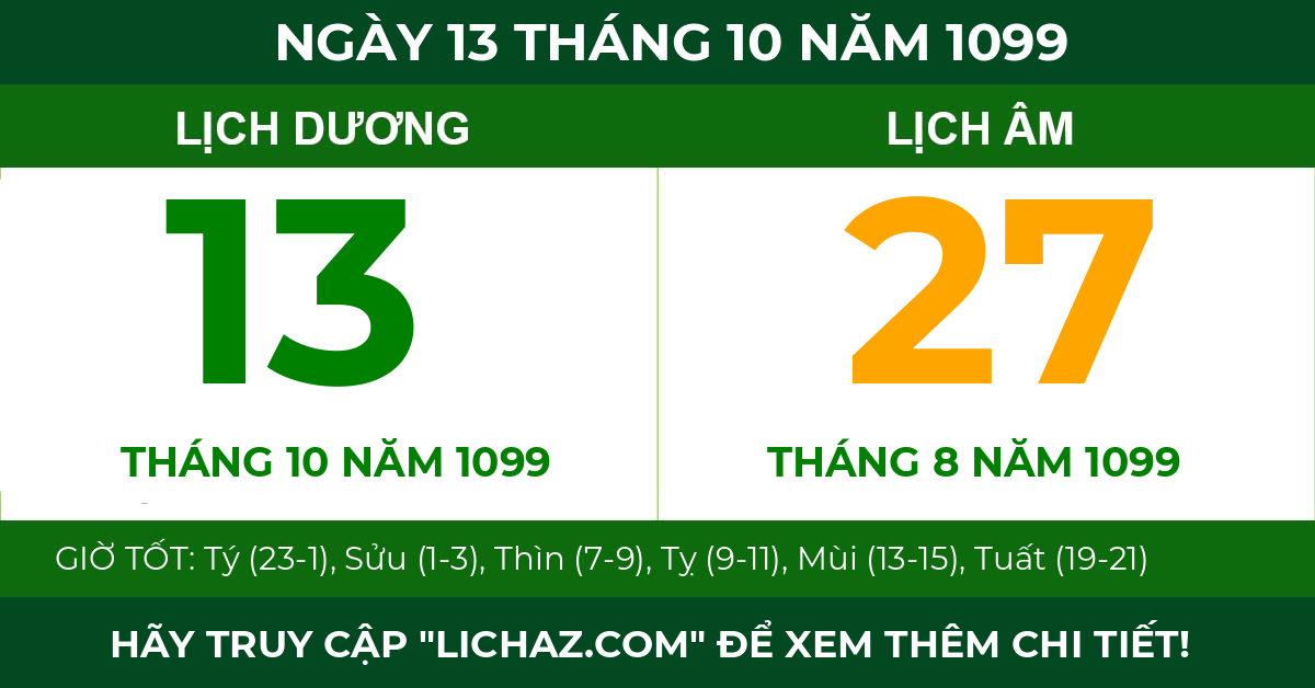 lịch âm ngày 13 tháng 10 năm 1099
