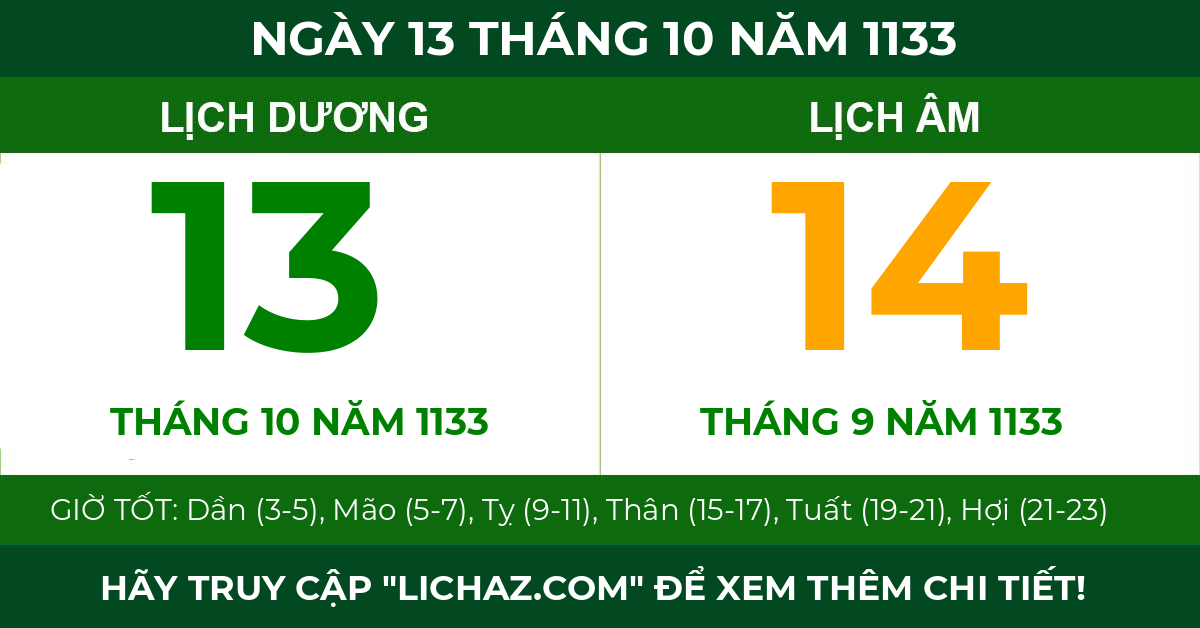 lịch âm ngày 13 tháng 10 năm 1133