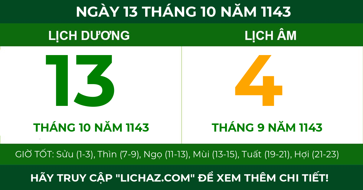 lịch âm ngày 13 tháng 10 năm 1143