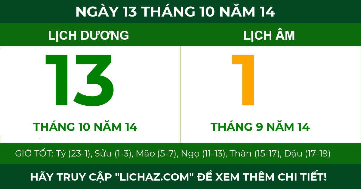 lịch âm ngày 13 tháng 10 năm 14