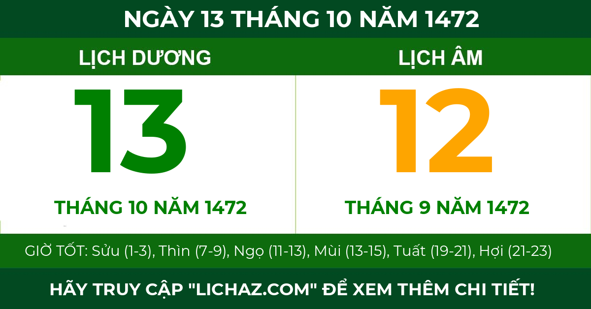 lịch âm ngày 13 tháng 10 năm 1472