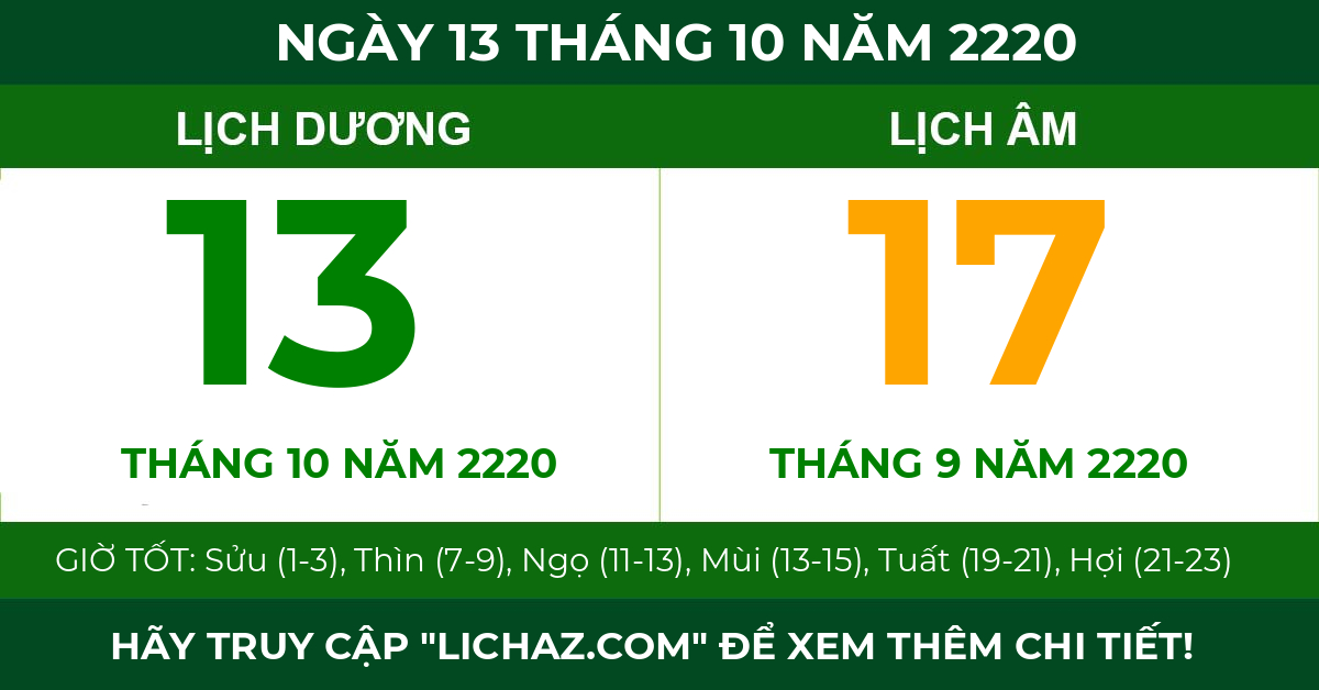 lịch âm ngày 13 tháng 10 năm 2220