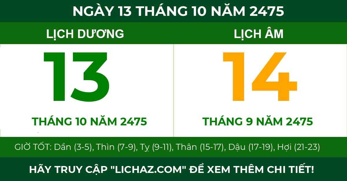lịch âm ngày 13 tháng 10 năm 2475