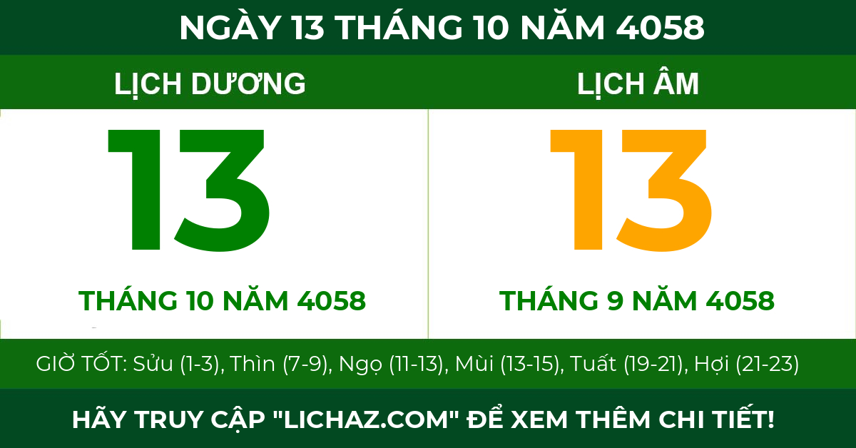 lịch âm ngày 13 tháng 10 năm 4058