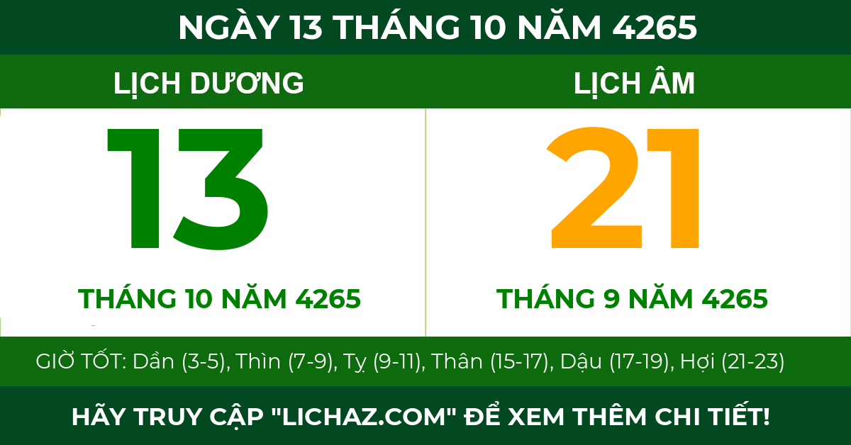 lịch âm ngày 13 tháng 10 năm 4265