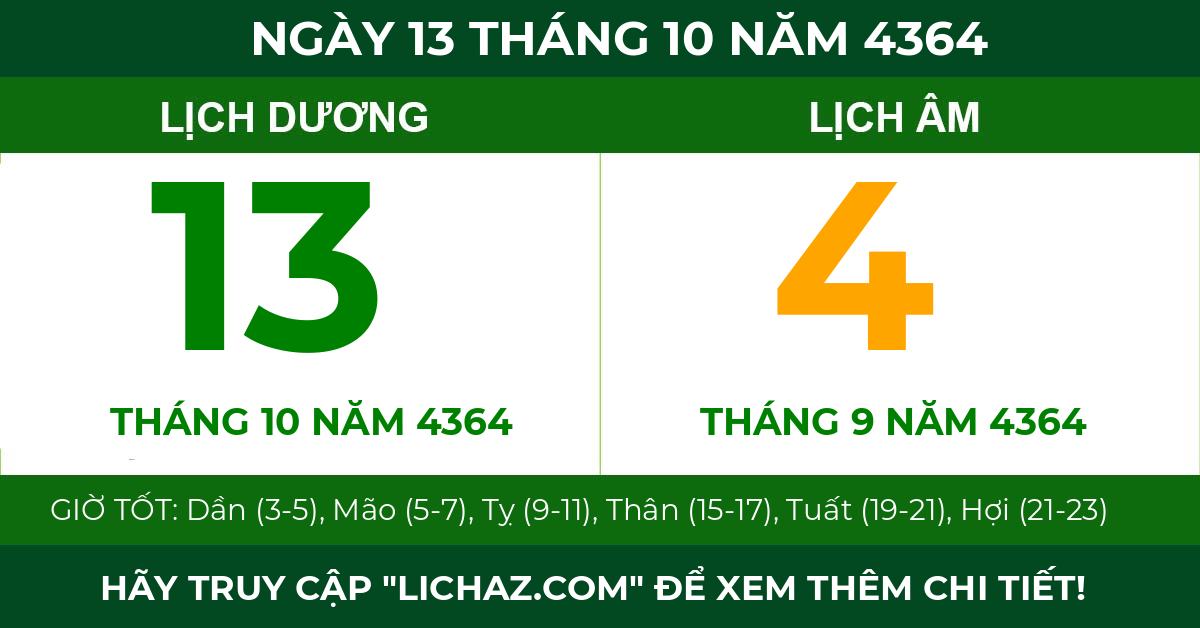 lịch âm ngày 13 tháng 10 năm 4364