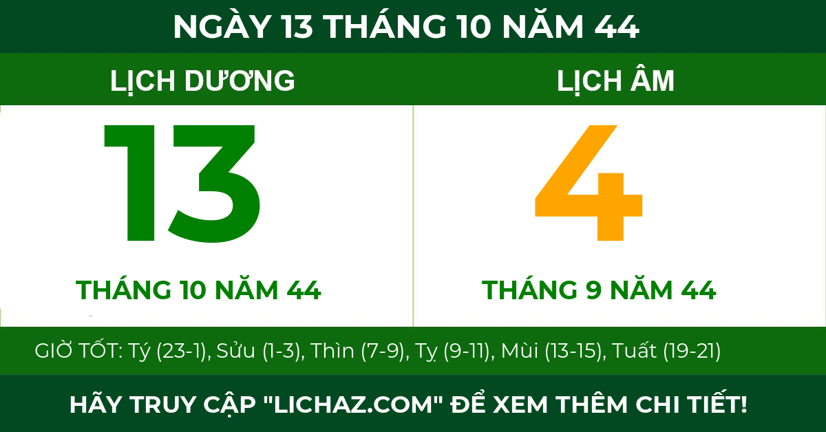 lịch âm ngày 13 tháng 10 năm 44