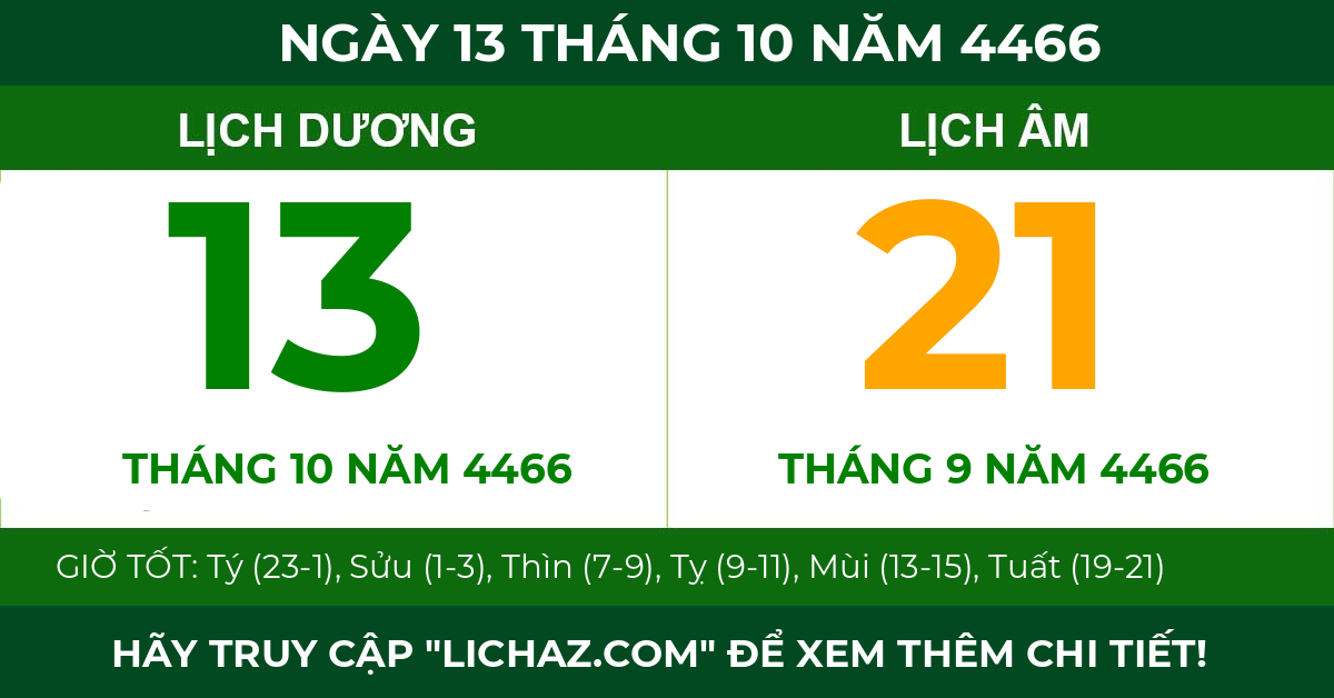 lịch âm ngày 13 tháng 10 năm 4466