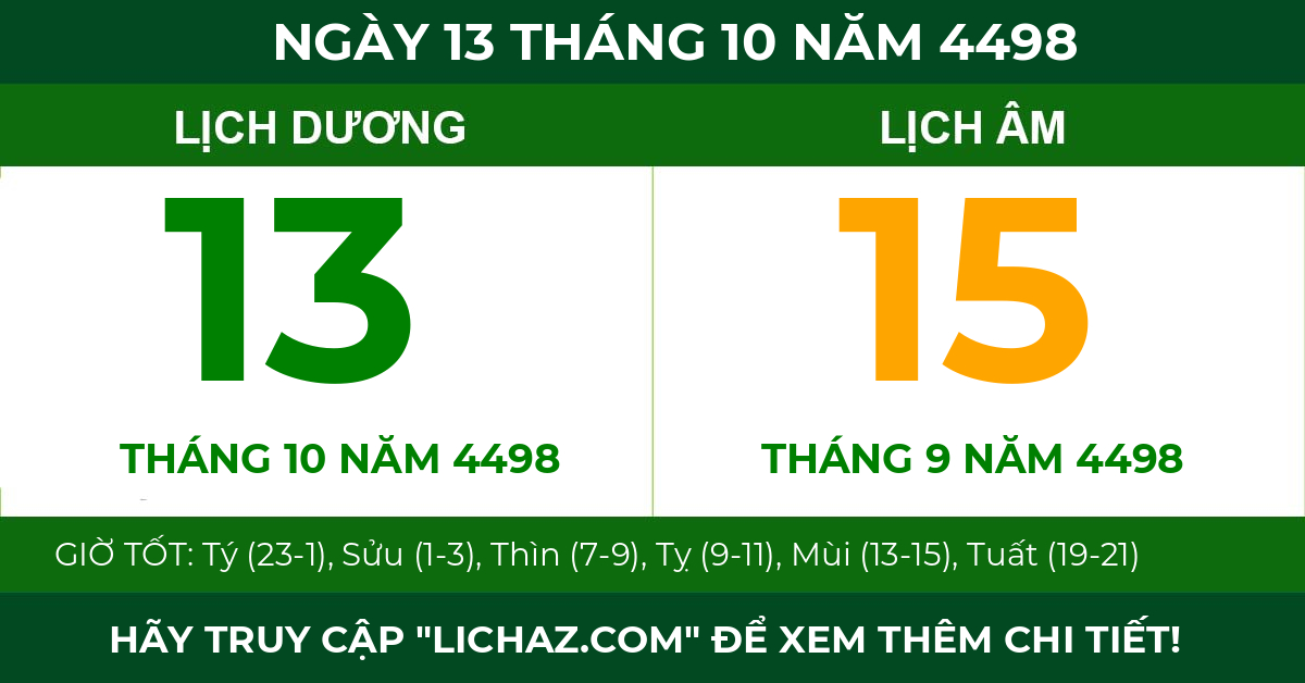 lịch âm ngày 13 tháng 10 năm 4498