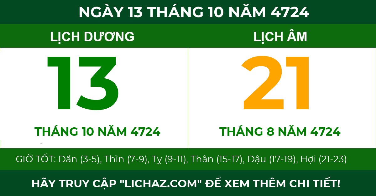 lịch âm ngày 13 tháng 10 năm 4724