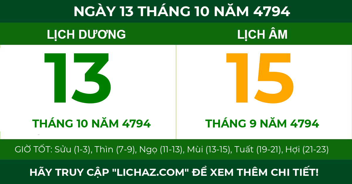 lịch âm ngày 13 tháng 10 năm 4794