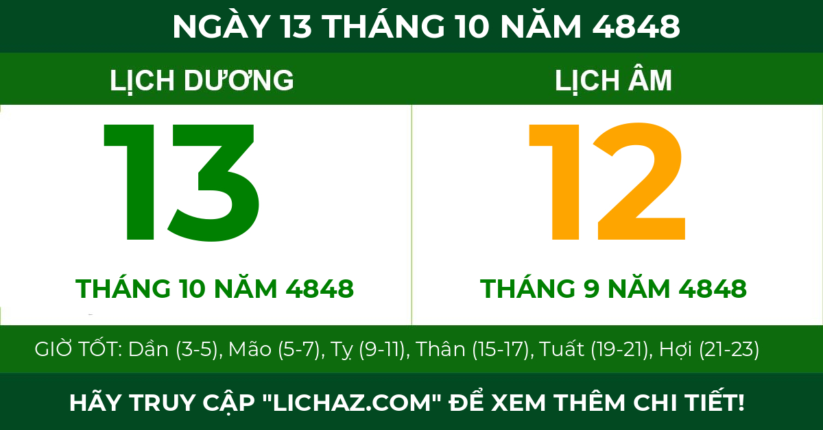 lịch âm ngày 13 tháng 10 năm 4848