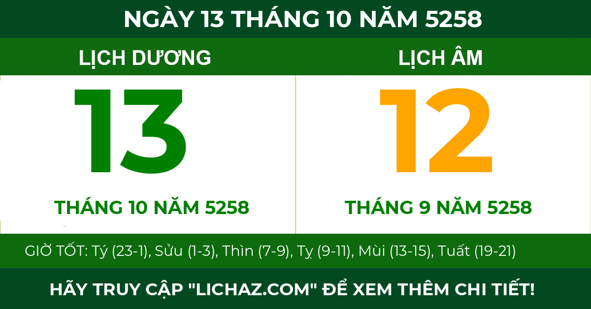 lịch âm ngày 13 tháng 10 năm 5258