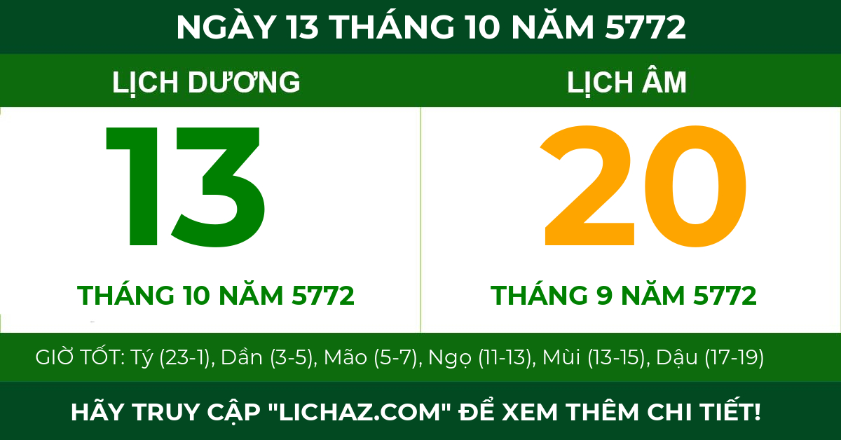 lịch âm ngày 13 tháng 10 năm 5772