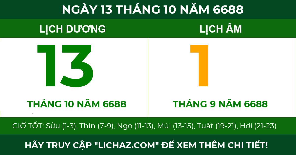 lịch âm ngày 13 tháng 10 năm 6688