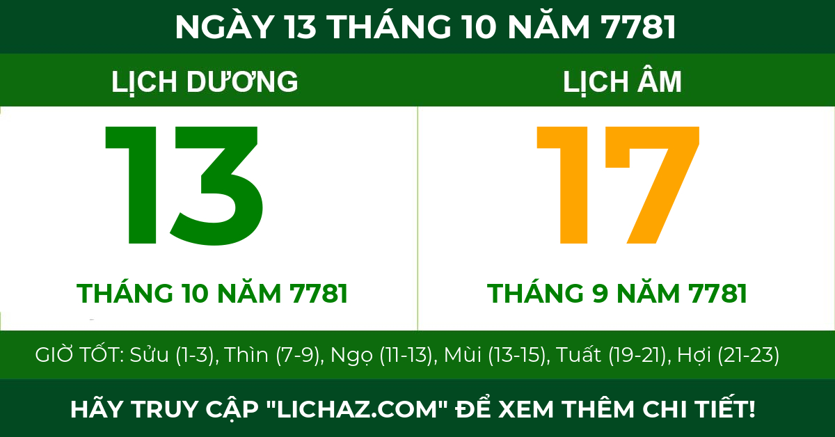 lịch âm ngày 13 tháng 10 năm 7781