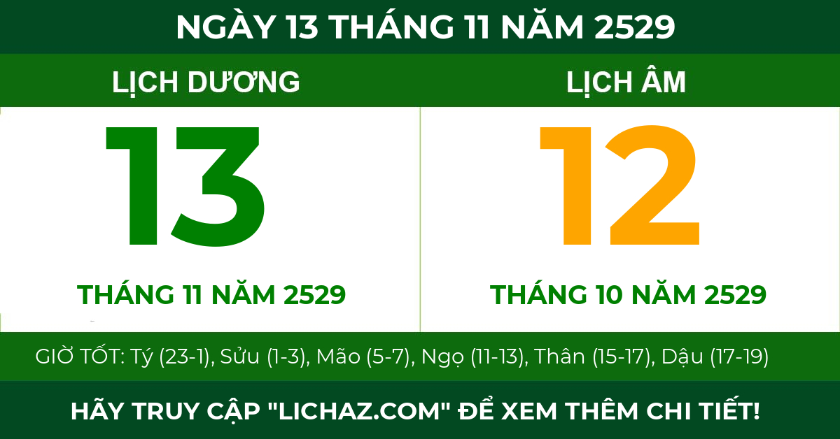 lịch âm ngày 13 tháng 11 năm 2529