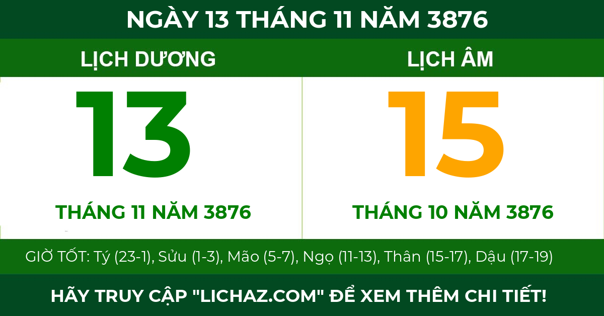 lịch âm ngày 13 tháng 11 năm 3876