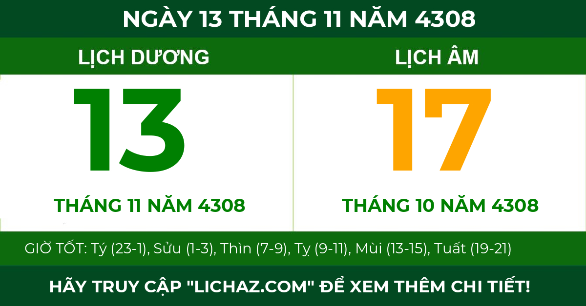 lịch âm ngày 13 tháng 11 năm 4308