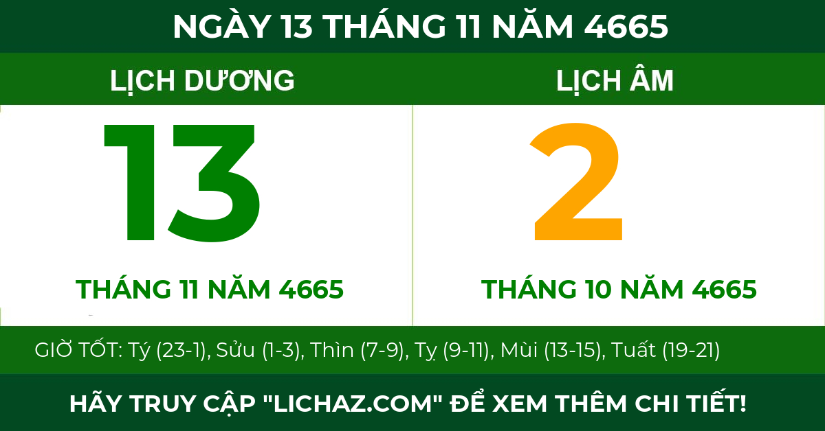 lịch âm ngày 13 tháng 11 năm 4665
