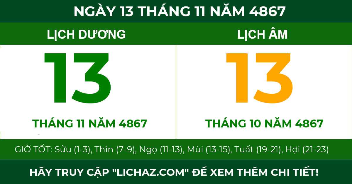 lịch âm ngày 13 tháng 11 năm 4867