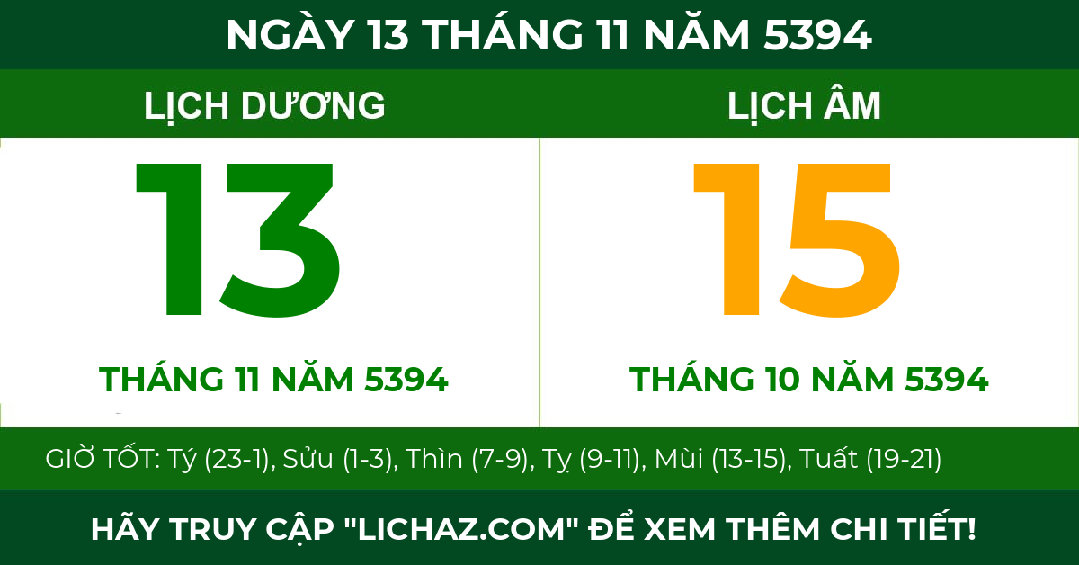 lịch âm ngày 13 tháng 11 năm 5394