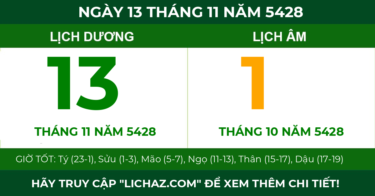 lịch âm ngày 13 tháng 11 năm 5428