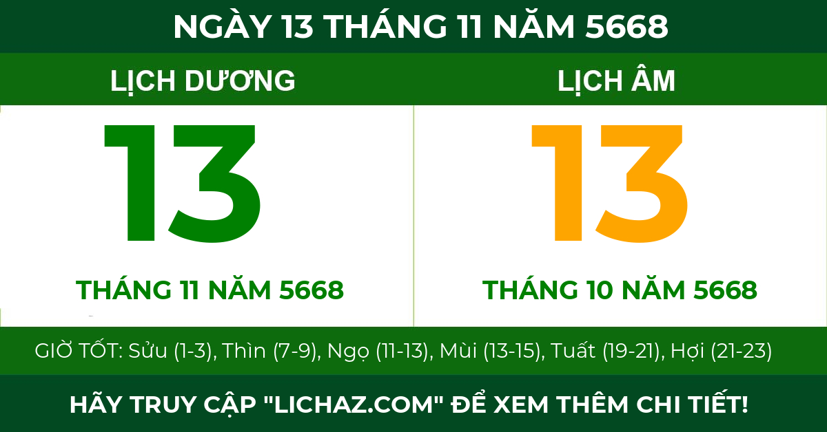 lịch âm ngày 13 tháng 11 năm 5668
