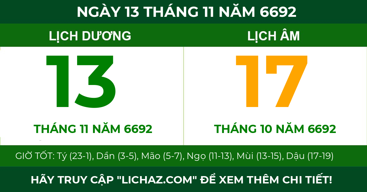 lịch âm ngày 13 tháng 11 năm 6692