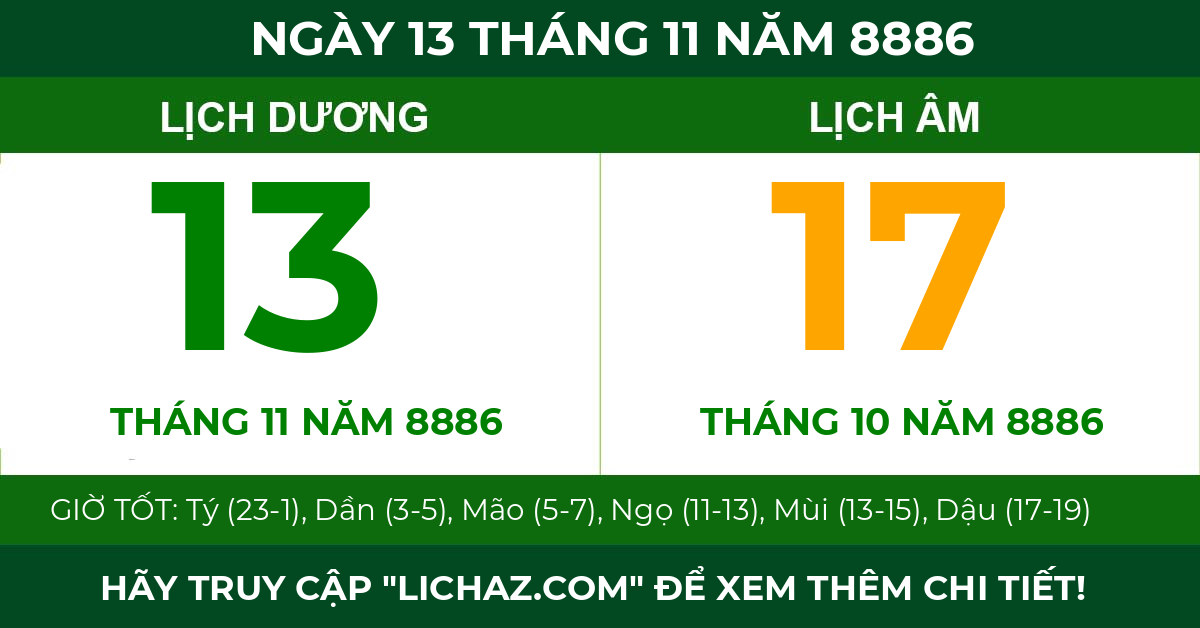 lịch âm ngày 13 tháng 11 năm 8886