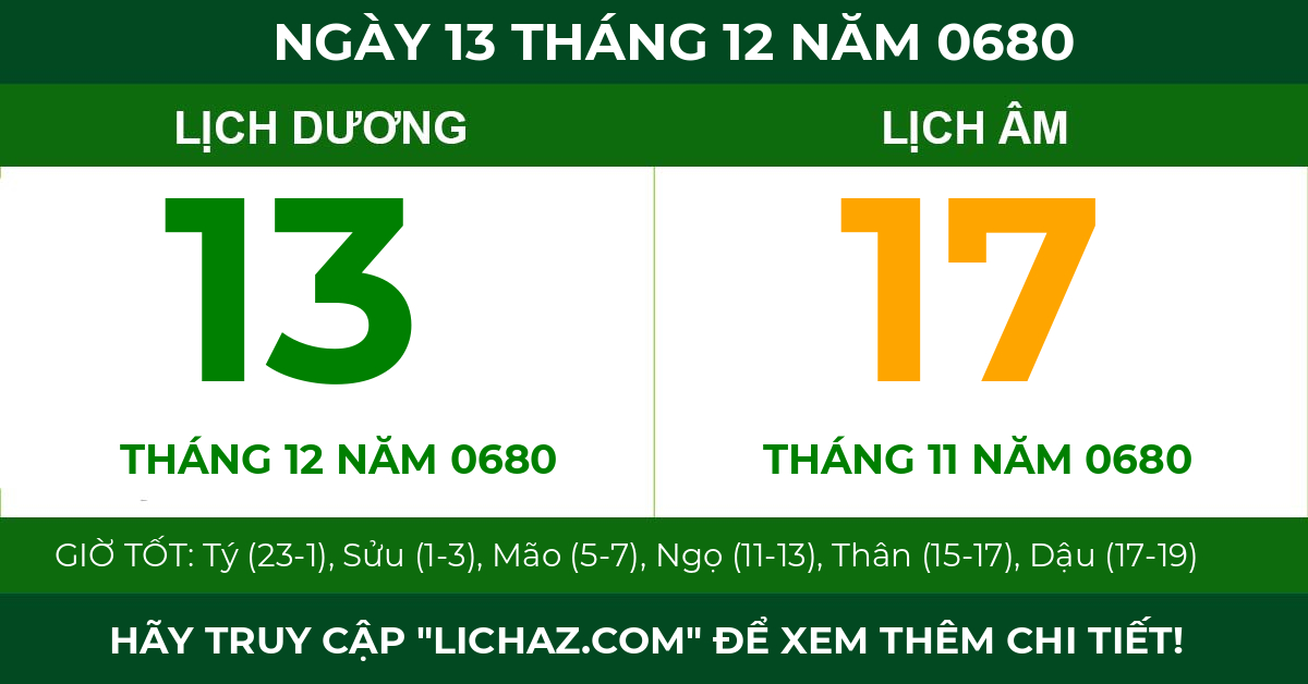 lịch âm ngày 13 tháng 12 năm 0680