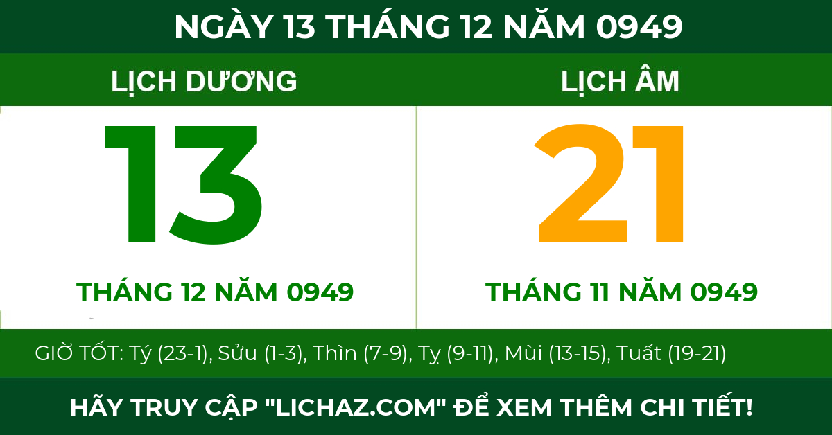 lịch âm ngày 13 tháng 12 năm 0949