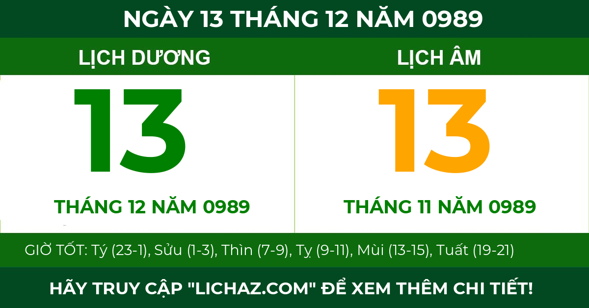 lịch âm ngày 13 tháng 12 năm 0989