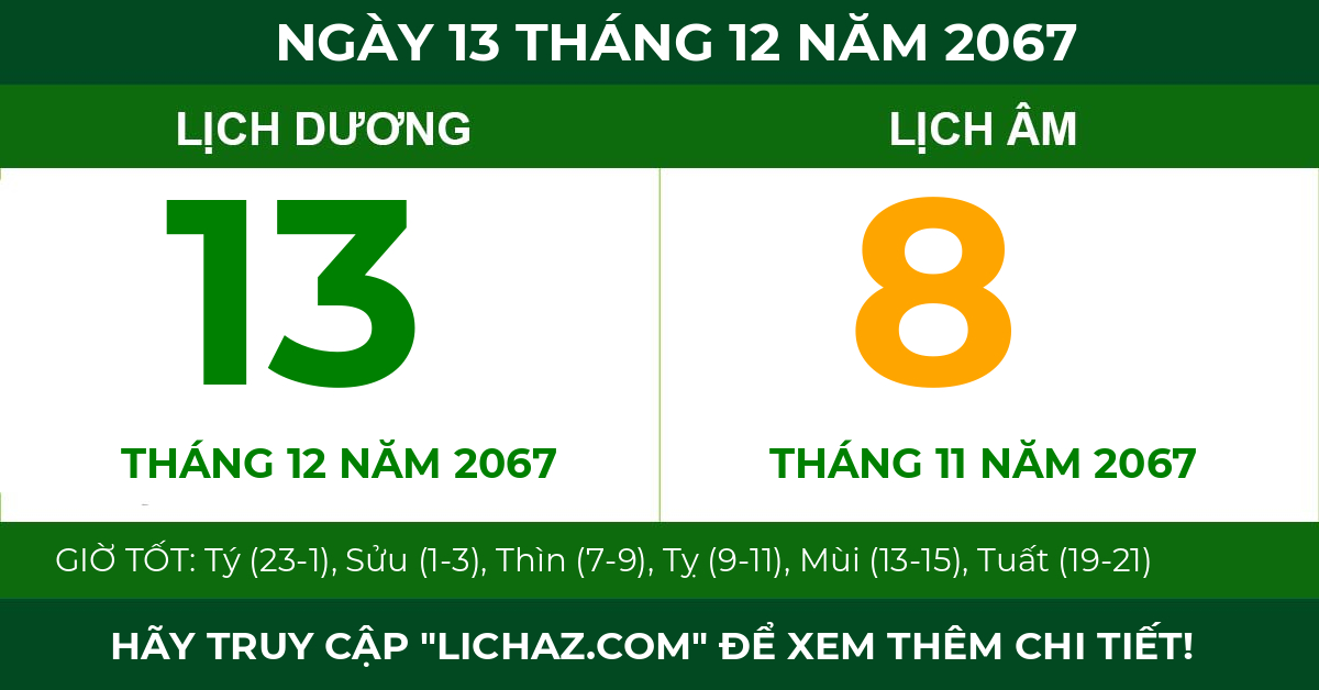 lịch âm ngày 13 tháng 12 năm 2067