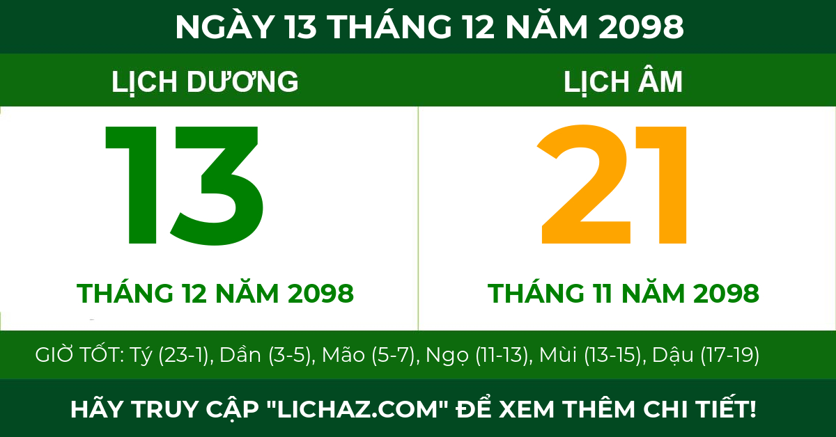 lịch âm ngày 13 tháng 12 năm 2098