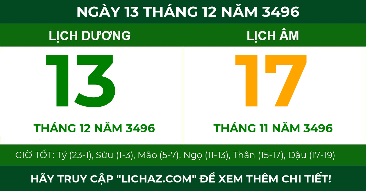 lịch âm ngày 13 tháng 12 năm 3496