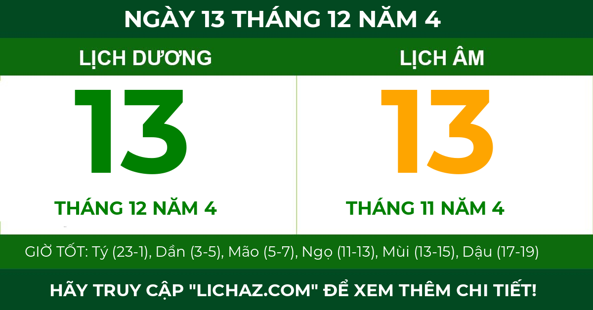 lịch âm ngày 13 tháng 12 năm 4