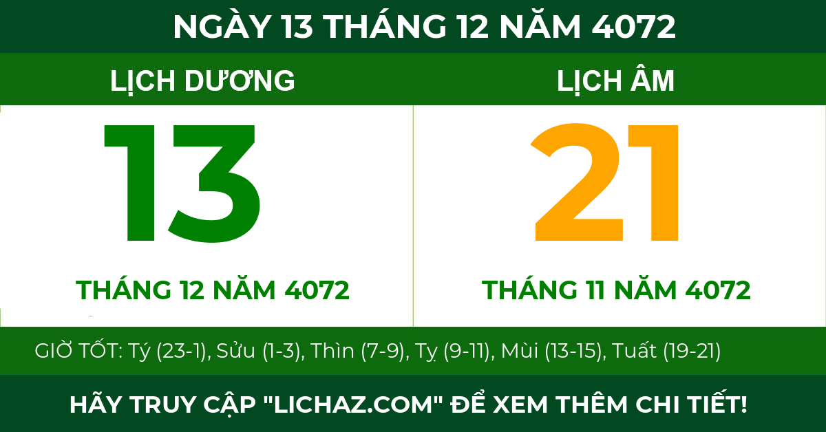 lịch âm ngày 13 tháng 12 năm 4072