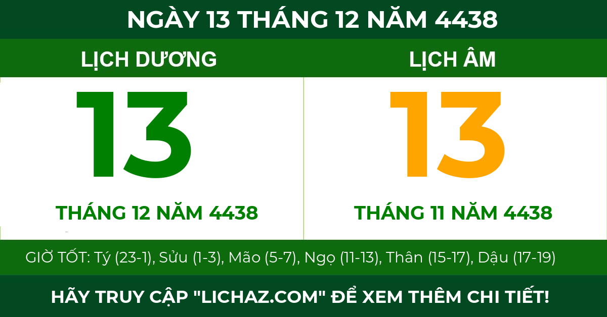 lịch âm ngày 13 tháng 12 năm 4438