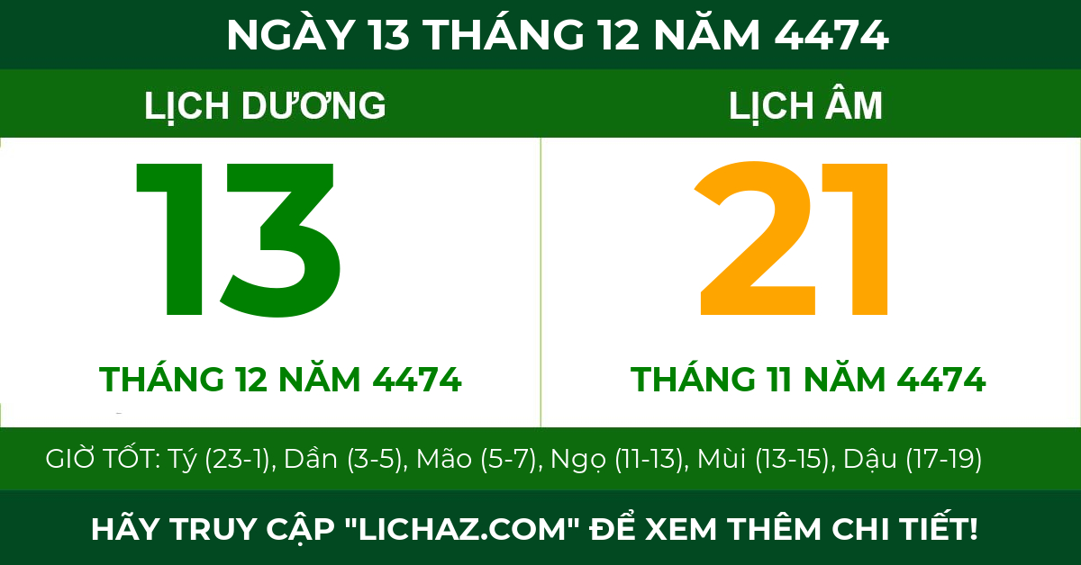 lịch âm ngày 13 tháng 12 năm 4474
