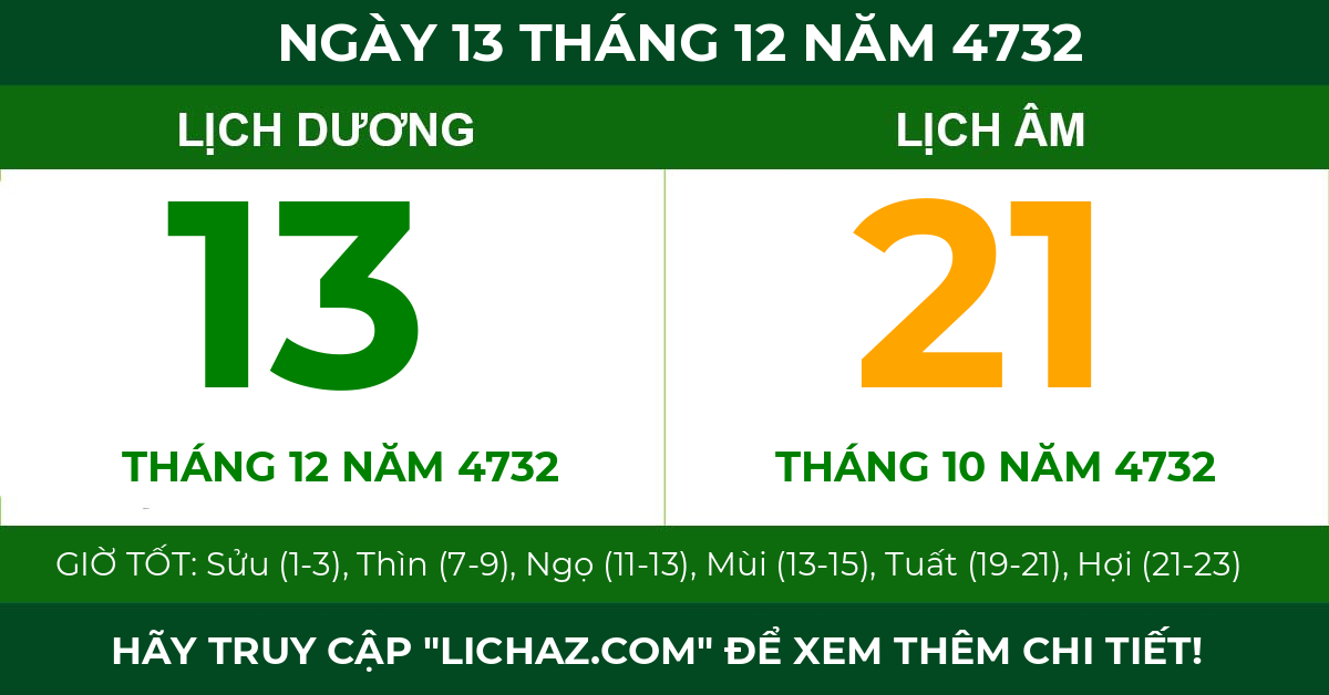 lịch âm ngày 13 tháng 12 năm 4732
