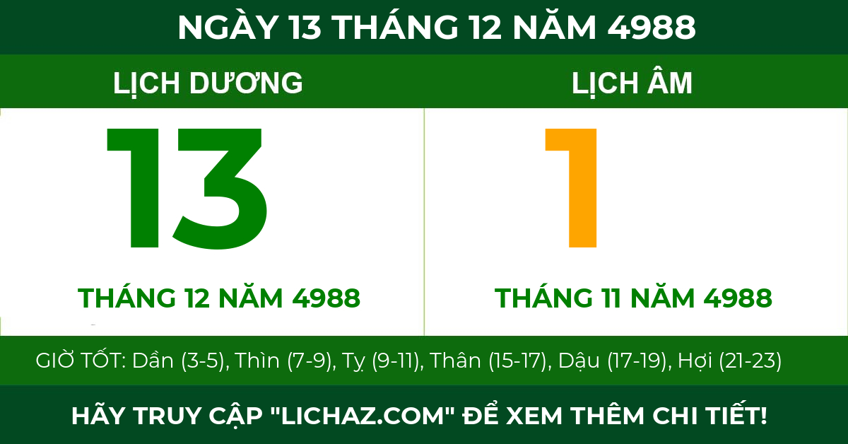 lịch âm ngày 13 tháng 12 năm 4988