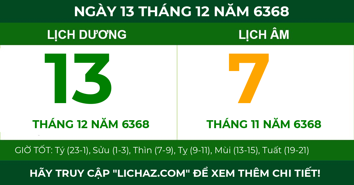 lịch âm ngày 13 tháng 12 năm 6368