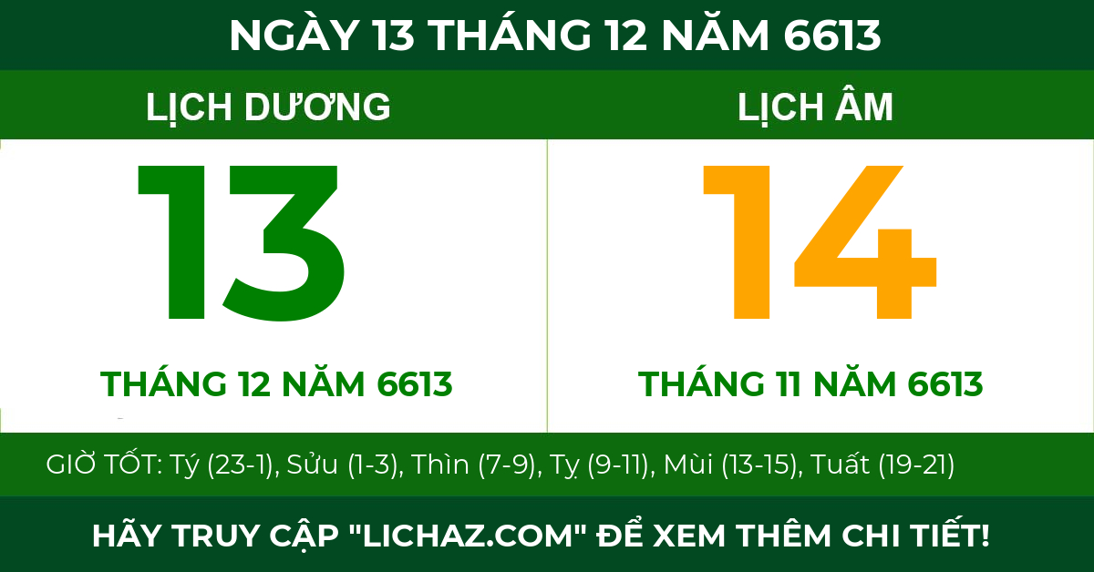 lịch âm ngày 13 tháng 12 năm 6613