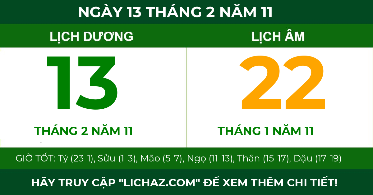 lịch âm ngày 13 tháng 2 năm 11