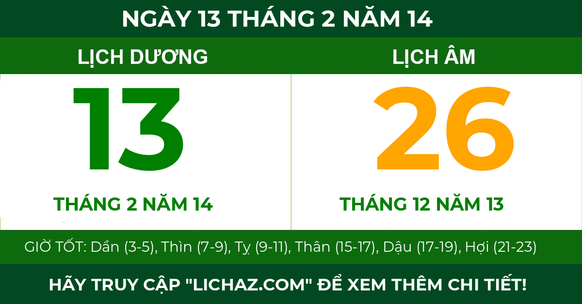 lịch âm ngày 13 tháng 2 năm 14