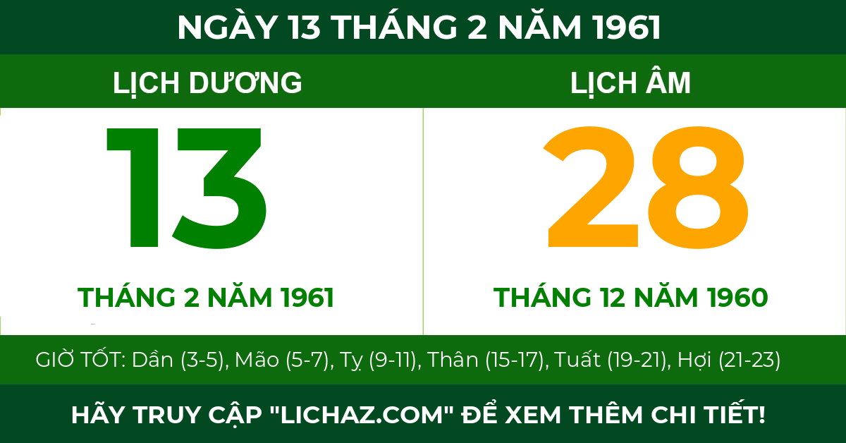 lịch âm ngày 13 tháng 2 năm 1961