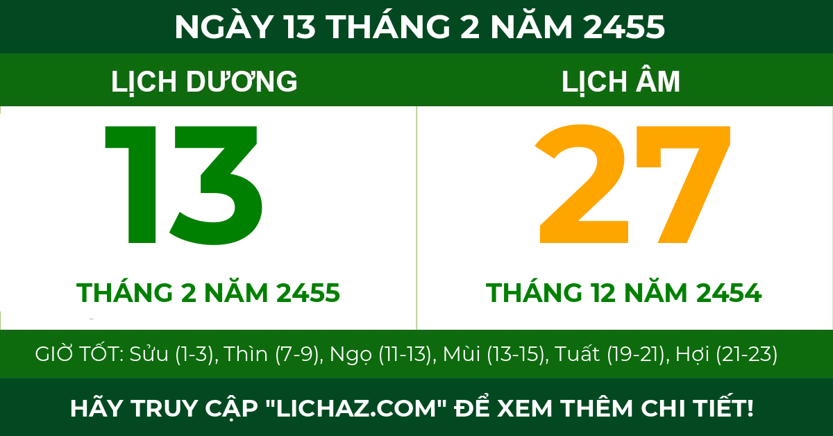 lịch âm ngày 13 tháng 2 năm 2455