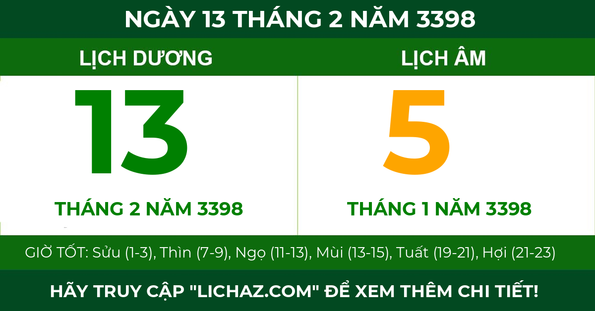 lịch âm ngày 13 tháng 2 năm 3398