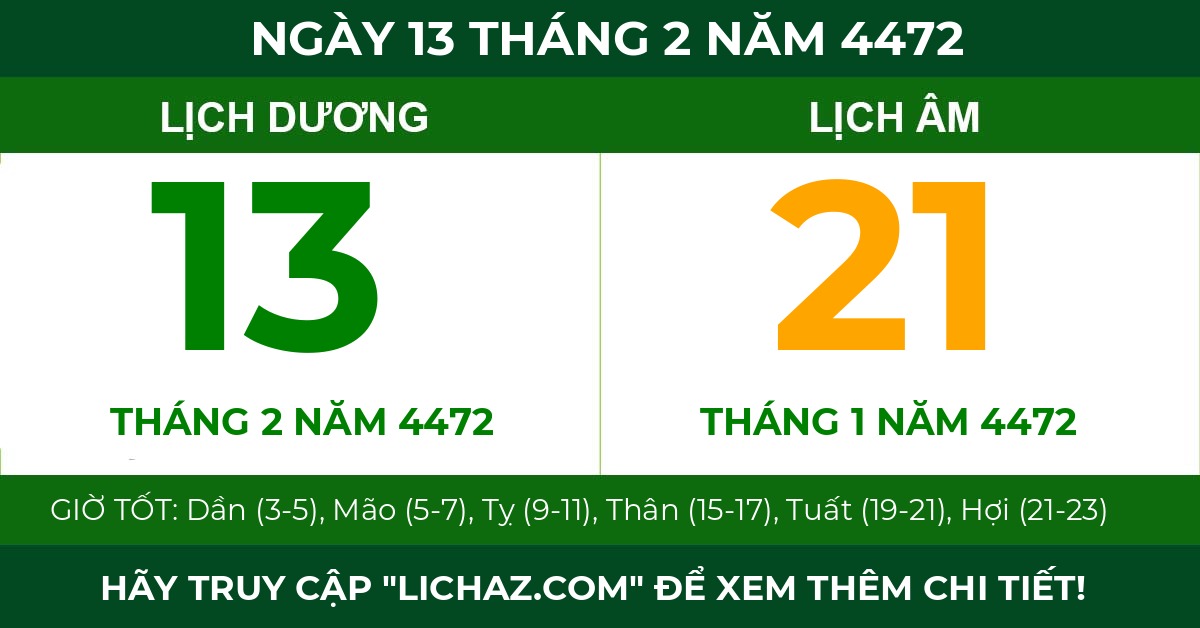 lịch âm ngày 13 tháng 2 năm 4472